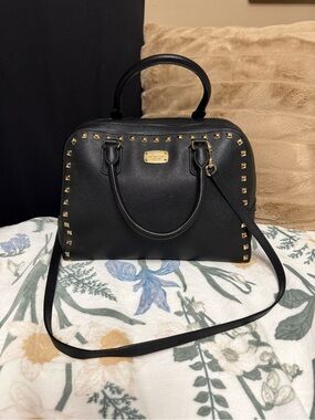 VNTG Michael Kors Cindy Large Studded Dome Satchel Crossbody Black Leather